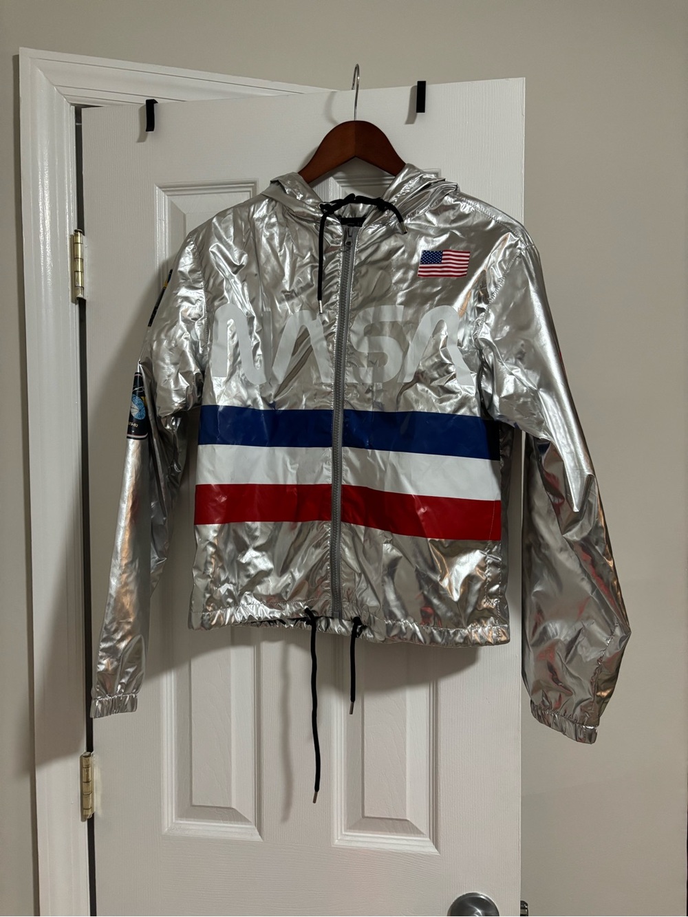 NASA Silver Metallic Hooded Windbreaker with Red & Blue Stripes